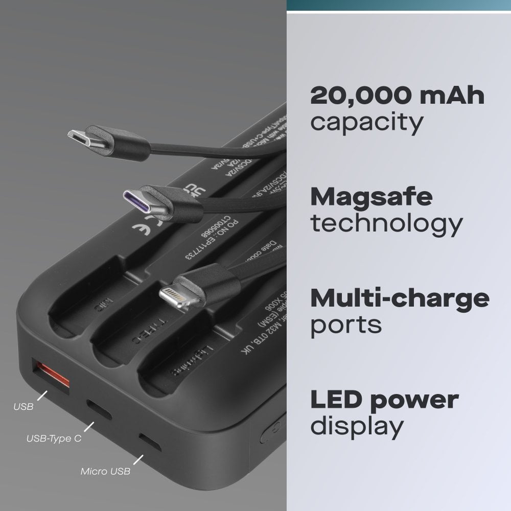20000mAh Portable Power Bank with Built-in Cables
