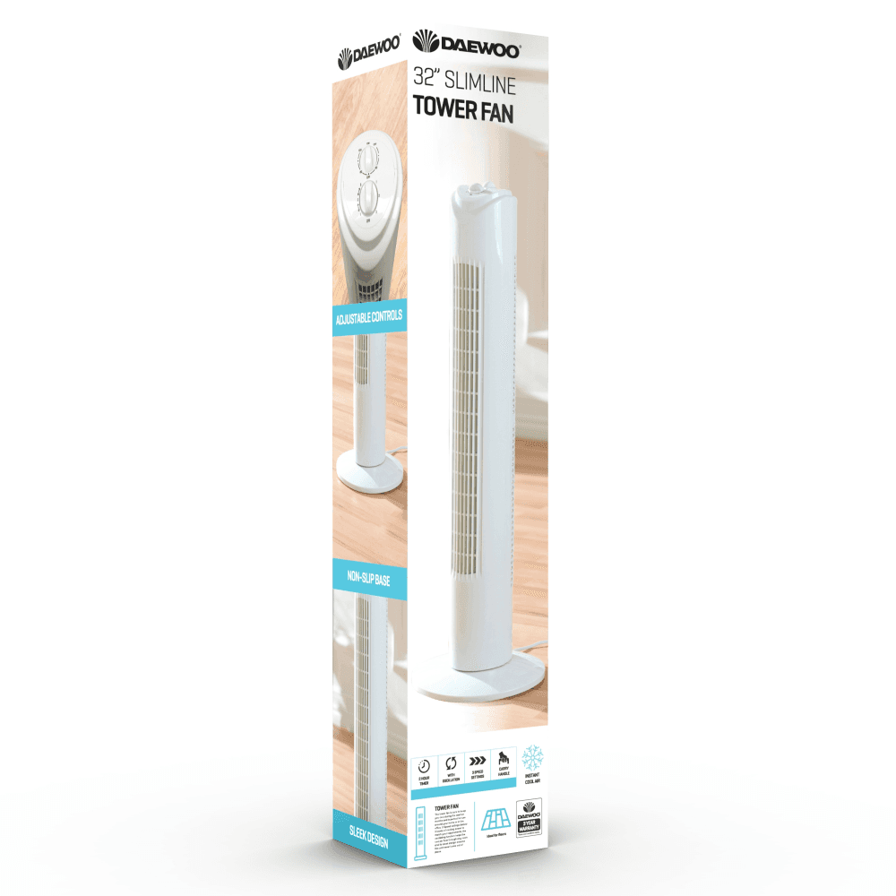 32" Slimline Oscillating Tower Fan with Timer, 3 Speed Settings