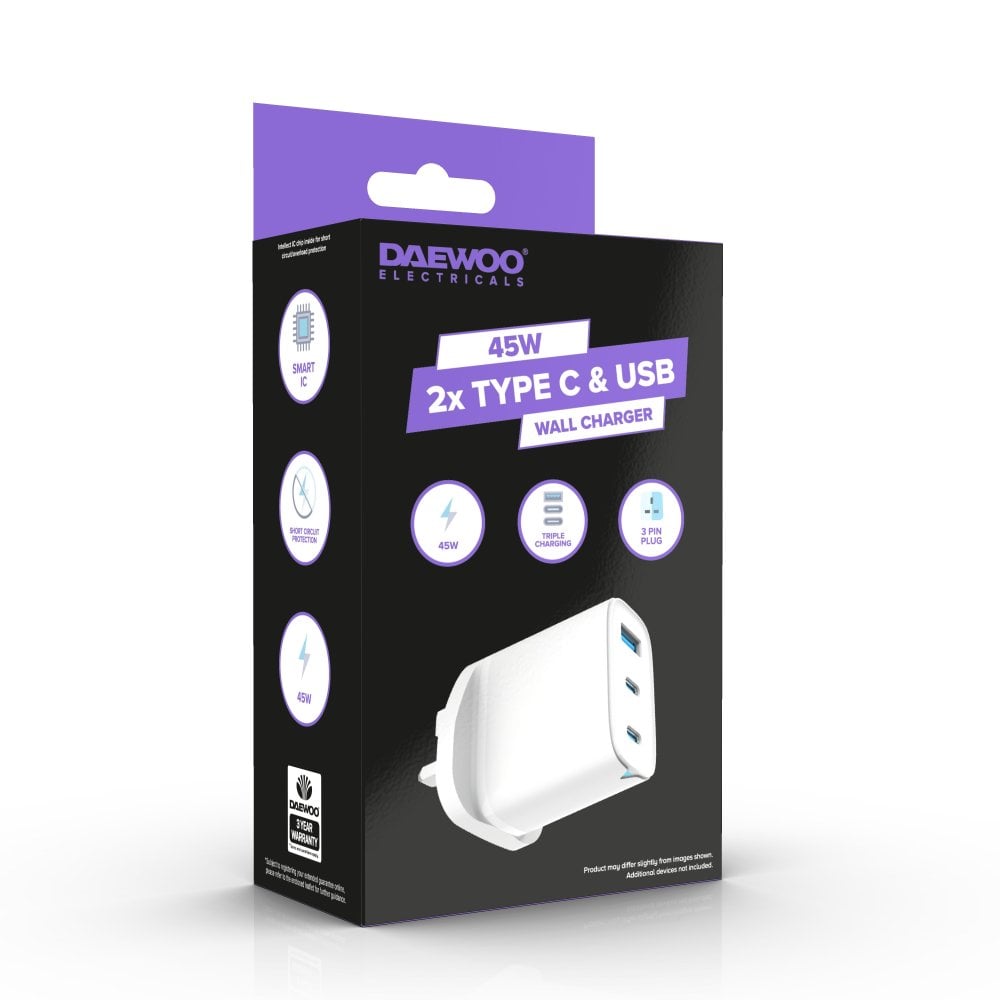 45W 2x USB-C & USB-A White Wall Charger Plug Socket Adaptor