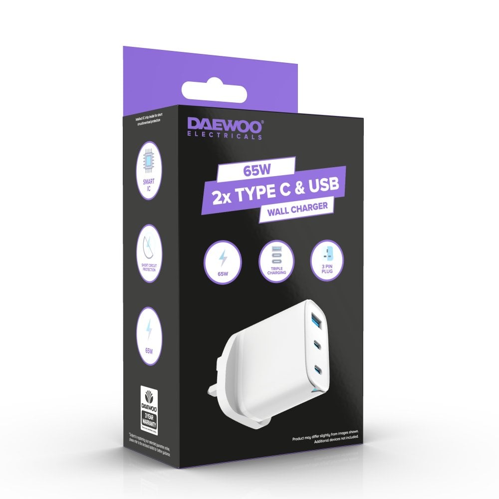 65W 2x USB-C & USB-A White Wall Charger Plug Socket Adaptor