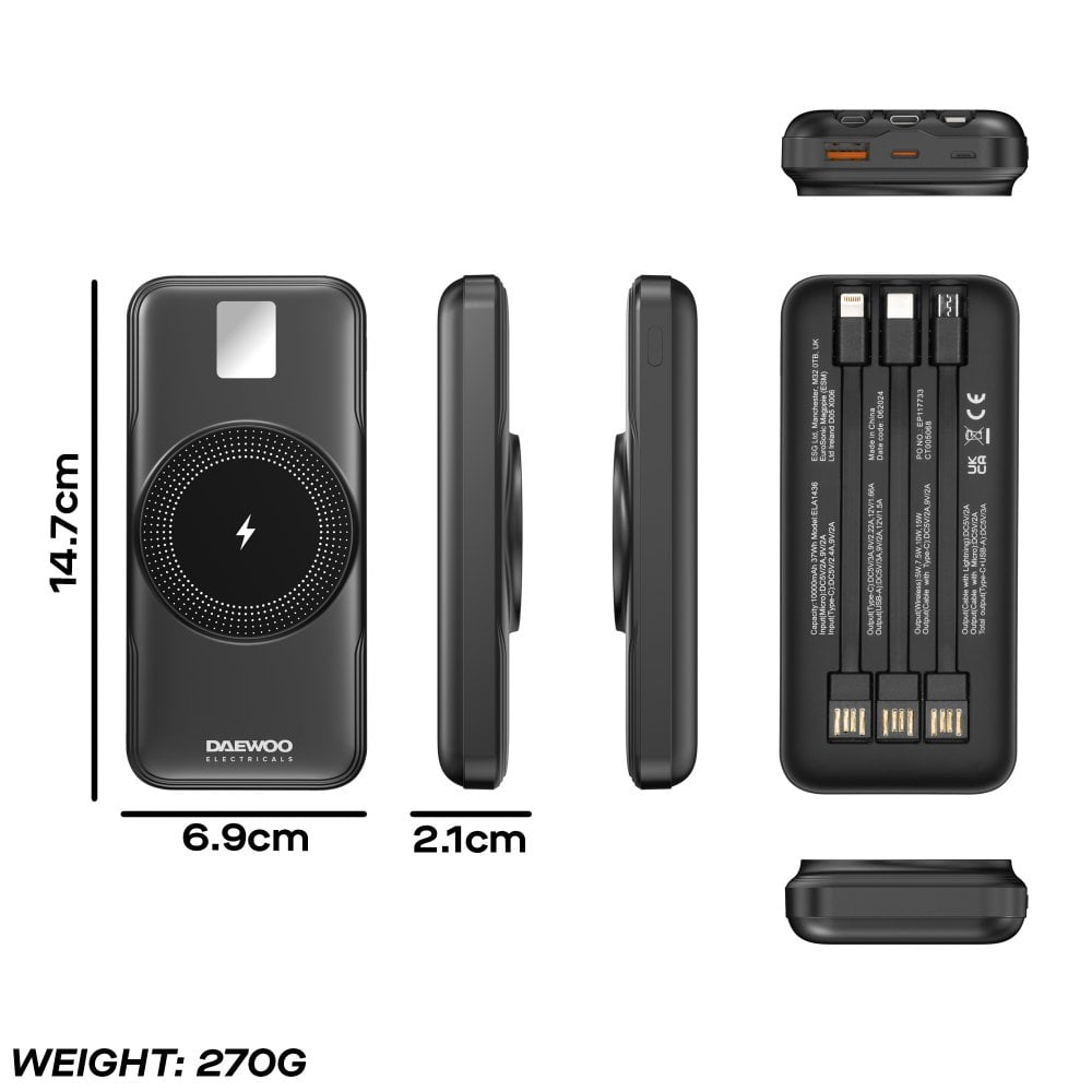 10000mAh Portable Power Bank with Built-in Cables