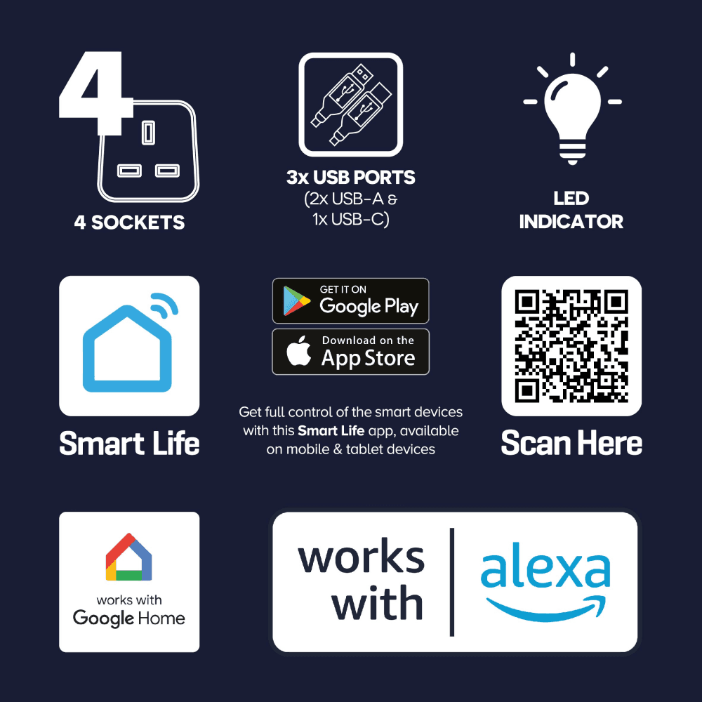 WiFi Smart 4 Socket Extension Lead, 2m